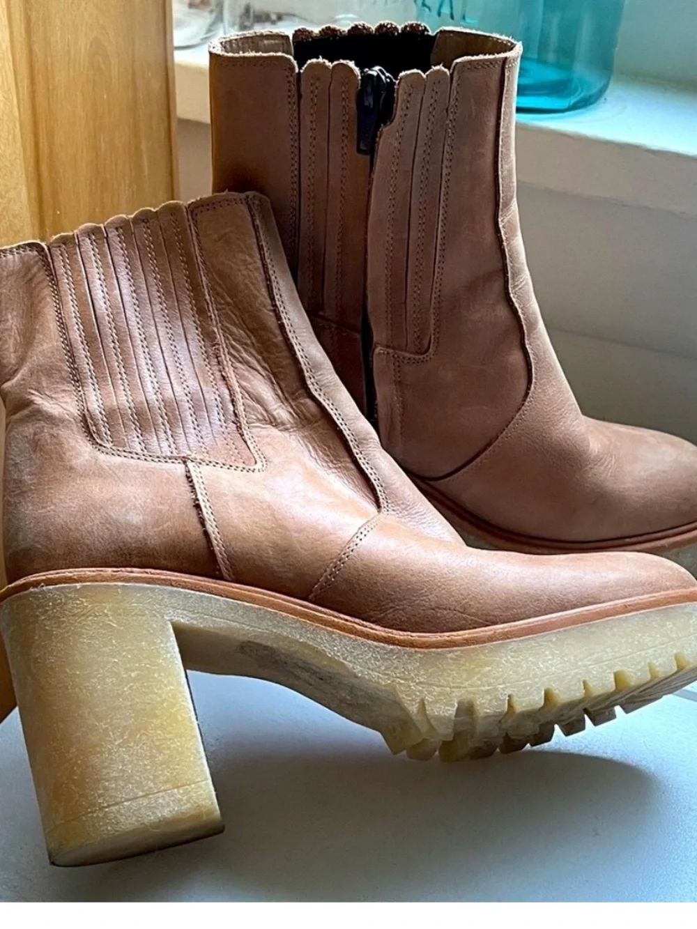 Free People Cognac Leather Platform Chelsea Boots